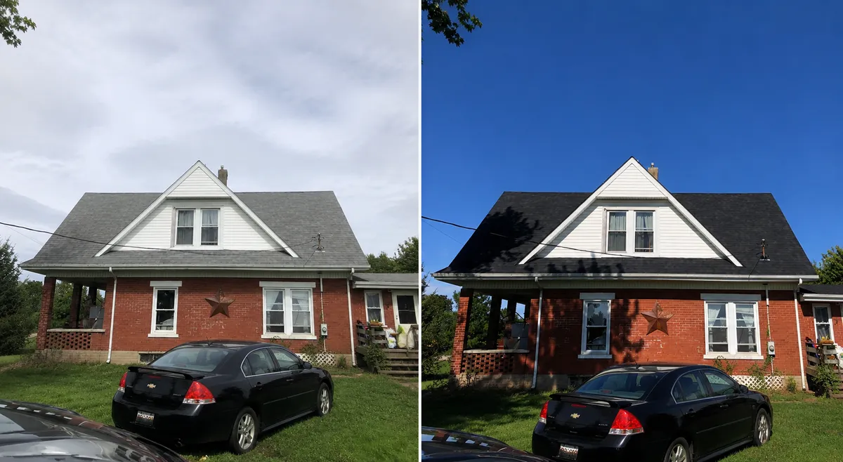 Brick home before and after new charcoal shingle roof