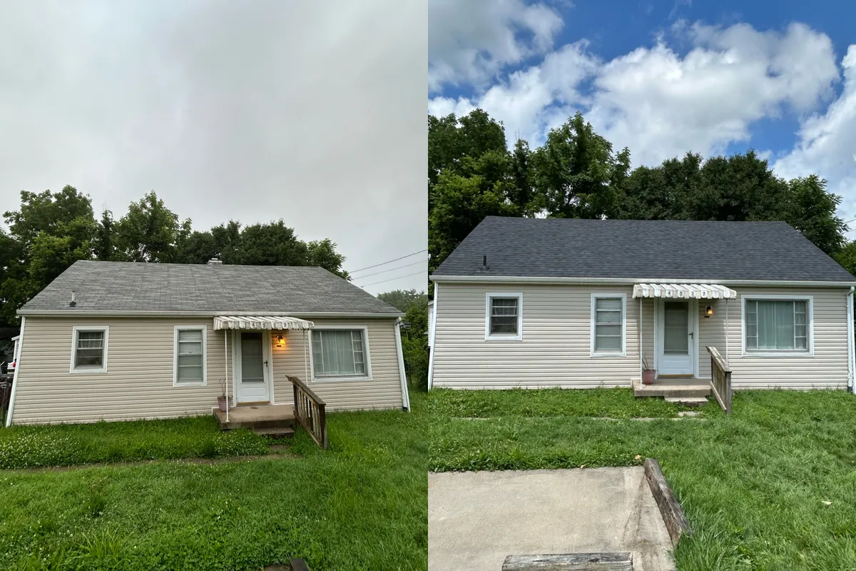 Ranch home before and after new dark shingle roof