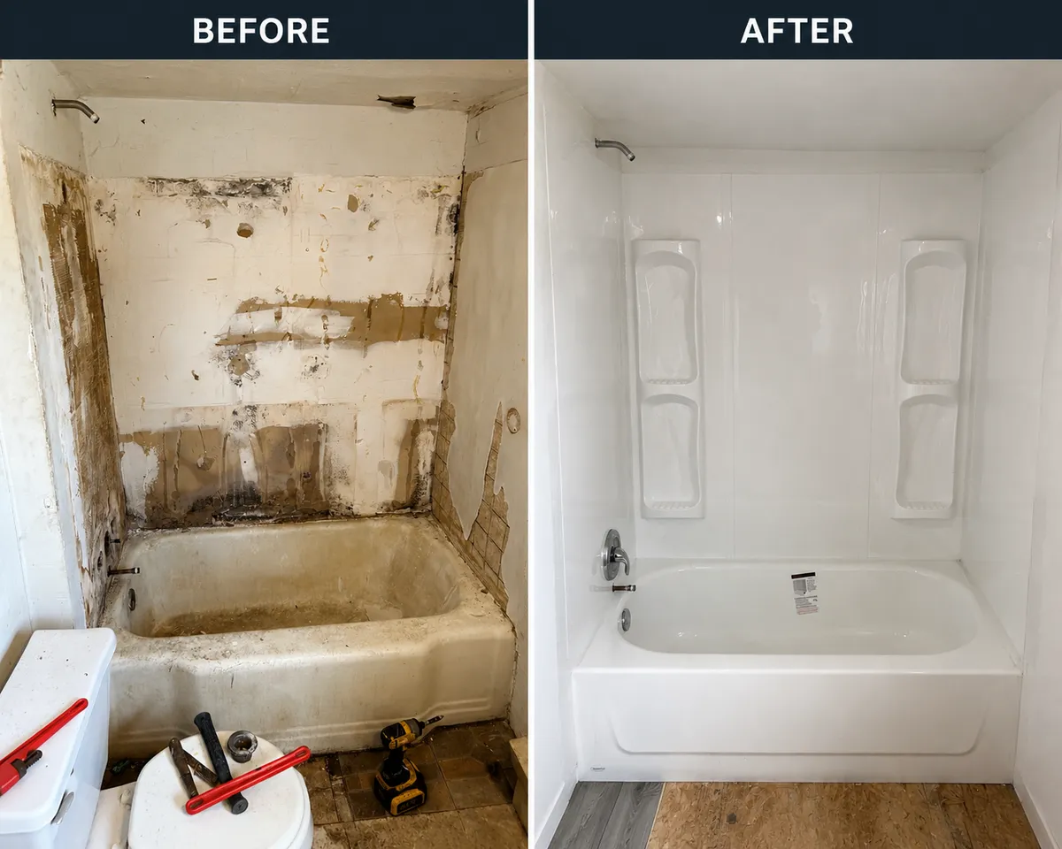 Bathroom before and after tub alcove and shower surround remodel