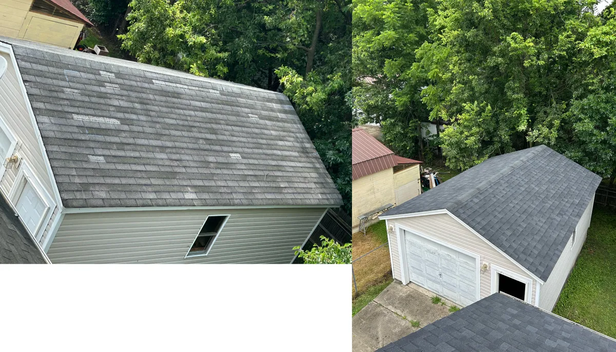 Detached garage before and after new shingle roof