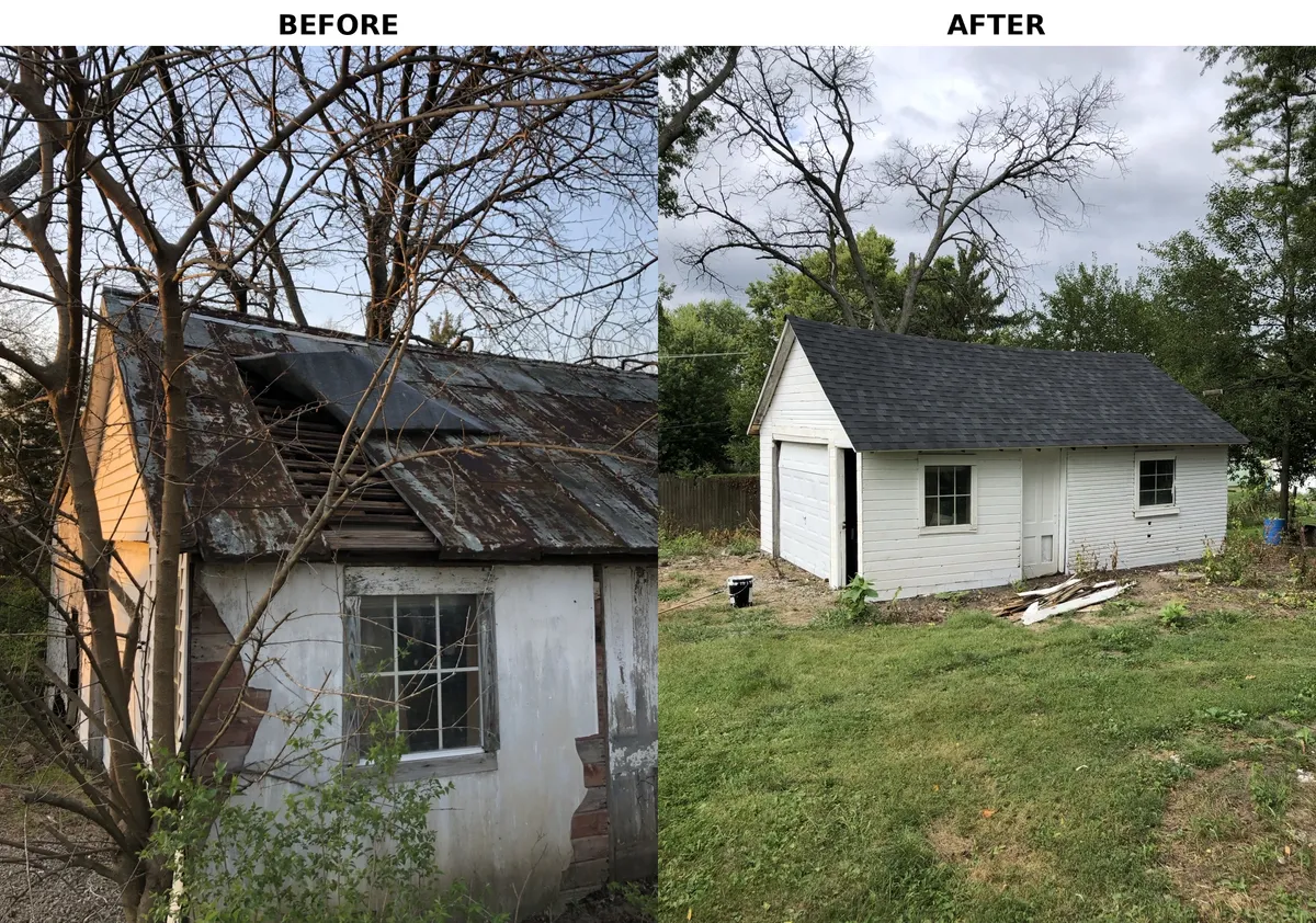 Outbuilding before and after new siding, roof, and doors