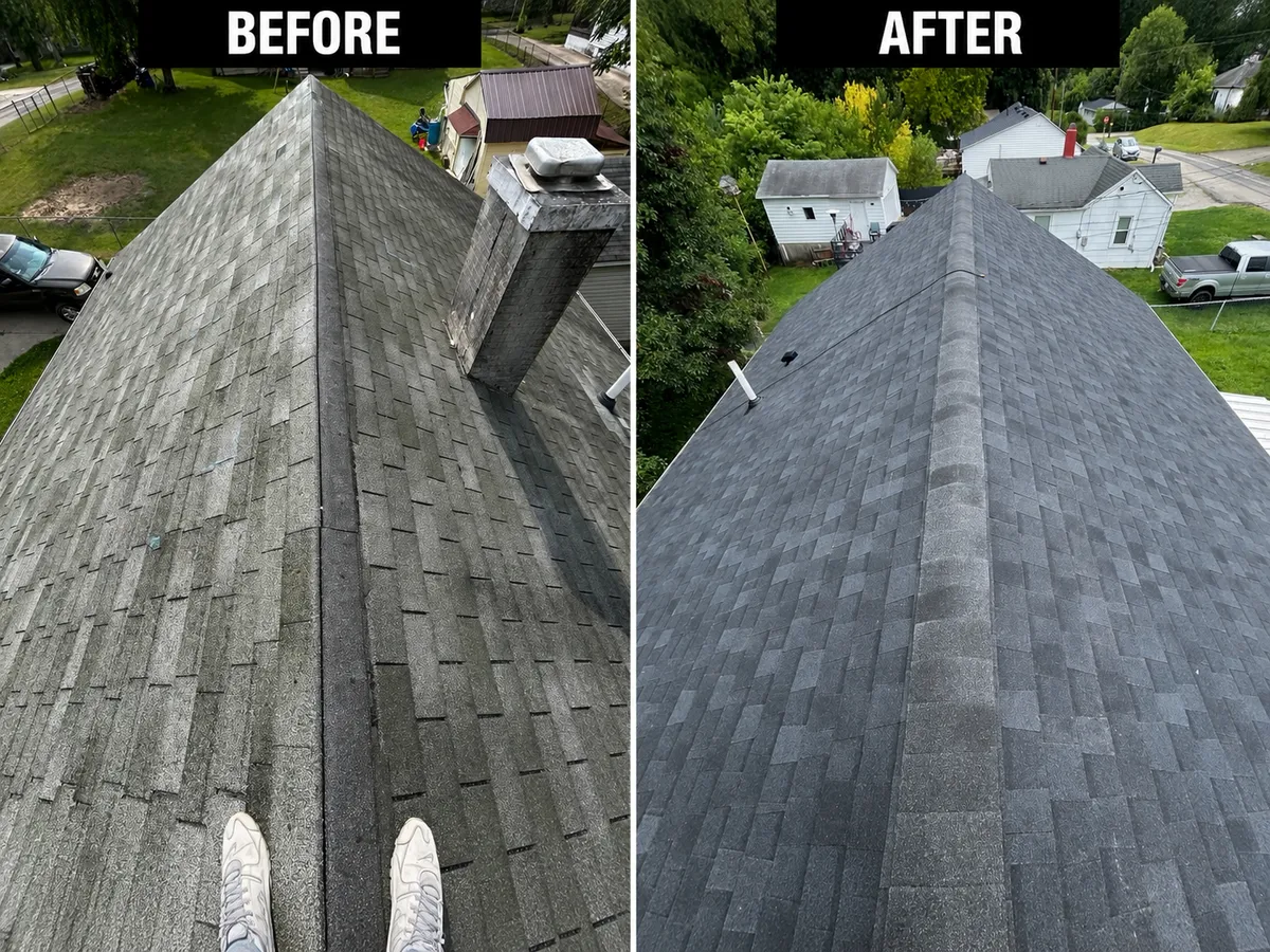 Home roof before and after full shingle replacement with chimney removed